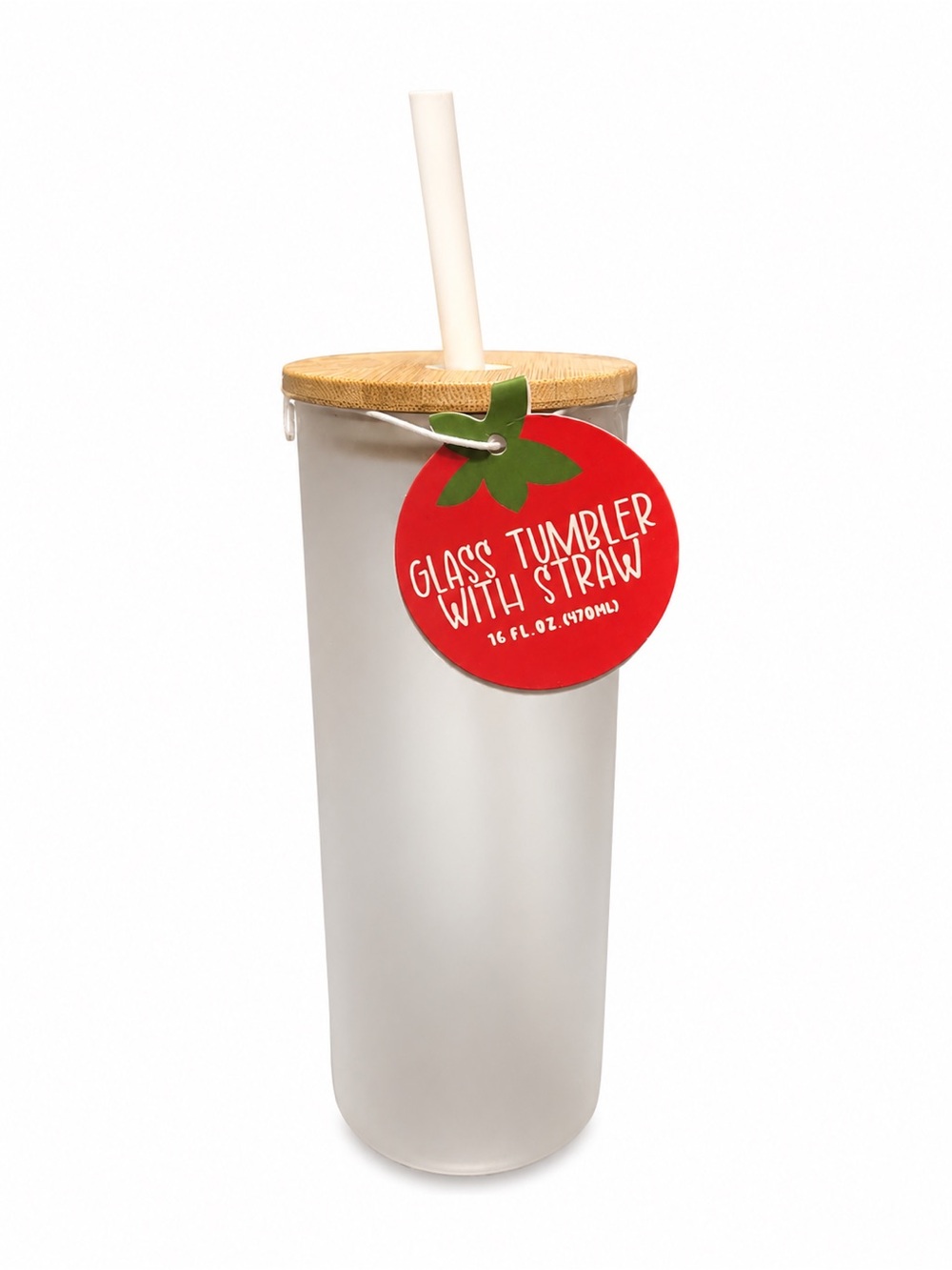 Amazon Frosted White Glass Tumbler with Bamboo-Look Lid and White Straw